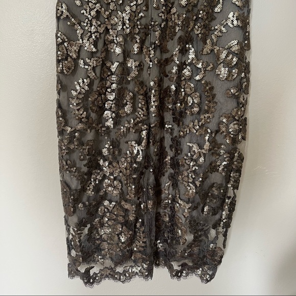 Tadashi Shoji gray lace illusion high neck cocktail dress gold sequins size 10 - Picture 10 of 11